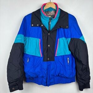 Vintage 90s Roffe Ski Jacket Neon Colorblock Royal Turquoise Pink Men's Medium